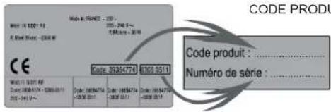 CODE PRODU Code 36244774 100.0511 Code produit : ...... Numéro de série : ......