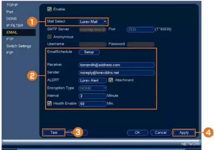 Lorex N841 - Pour configurer les alertes de courriel : - 1