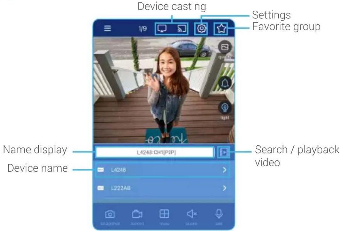 Device casting Settings Favorite group Name display Device name L4248:CH1[P2P] Search / playback video L4248 L222A8