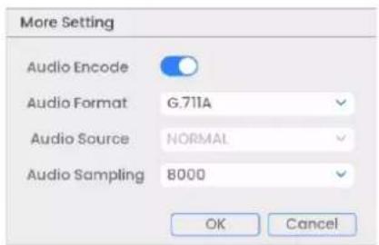 More Setting Audio Encode Audio Format G.711A Audio Source NORMAL Audio Sampling B000 OK Cancel