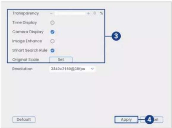 Transparency Time Display Camera Display Image Enhance Smart Search Rule Original Scale Set Resolution 3840x2160@30fps Default Apply 4 Next