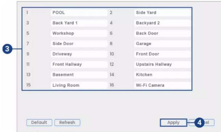 1 POOL 2 Side Yard 3 Back Yard 1 4 Backyard 2 5 Workshop 6 Back Door 7 Side Door 8 Garage 9 Driveway 10 Front Door 11 Front Hallway 12 Upstairs Hallway 13 Basement 14 Kitchen 15 Living Room 16 Wi-Fi Camera Default Refresh Apply 4