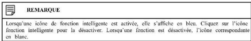REMARQUE Lorsqu'une icône de fonction intelligente est activée, elle s'affiche en bleu. Cliquez sur l'icône fonction intelligente pour la désactiver. Lorsqu'une fonction est désactivée, l'icône correspondante en blanc.