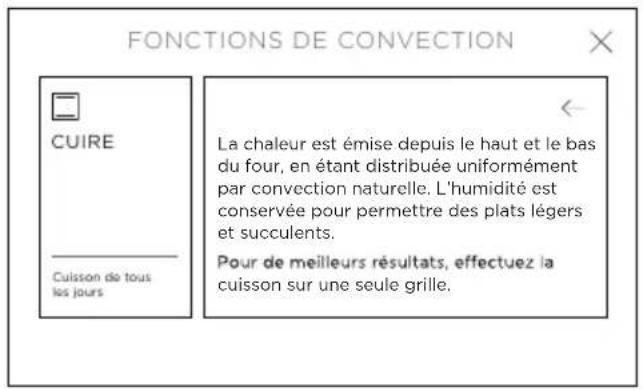 FONCTIONS DE CONVECTION CUIRE Cuisson de tous les jours La chaleur est émise depuis le haut et le bas du four, en étant distribuée uniformément par convection naturelle. L'humidité est conservée pour permettre des plats légers et succulents. Pour de meilleurs résultats, effectuez la cuisson sur une seule grille.
