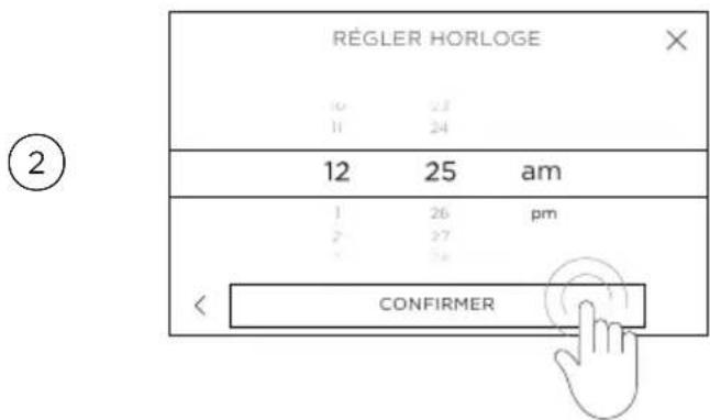 RÉGLER HORLOGE 10 23 11 24 12 25 am 1 26 pm 2 27 3 38 CONFIRMER