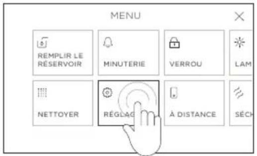 MENU REMPLIR LE RÉSERVOIR MINUTERIE VERROU LAM NETTOYER RÉGLAG À DISTANCE SÉCH