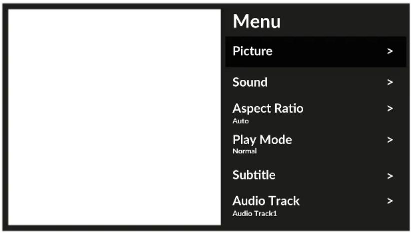 Menu Picture > Sound > Aspect Ratio > Auto Play Mode > Normal Subtitle > Audio Track Audio Track1 >