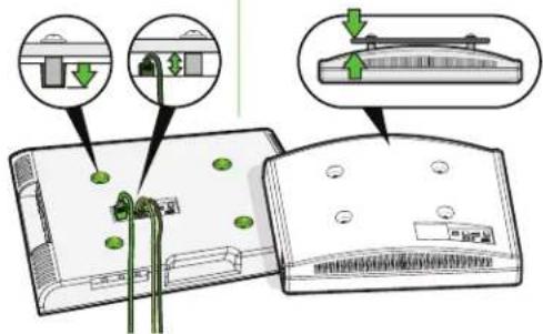 Diagram illustrating device port connection with green indicator lights and labeled components, showing port layout and adjustment arrows.