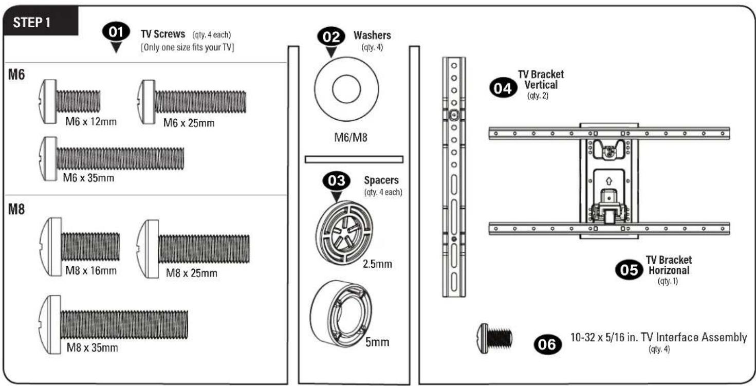 STEP 1 01 TV Screws (qty. 4 each) [Only one size fits your TV] M6 M6 x 12mm M6 x 25mm M6 x 35mm M8 M8 x 16mm M8 x 25mm M8 x 35mm 02 Washers (qty. 4) M6/M8 03 Spacers (qty. 4 each) 2.5mm 5mm 04 TV Bracket Vertical (qty. 2) 05 TV Bracket Horizontal (qty. 1) 06 10-32 x 5/16 in. TV Interface Assembly (qty. 4)
