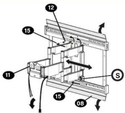 Technical diagram of a mechanical assembly with numbered components and directional arrows indicating motion or force
