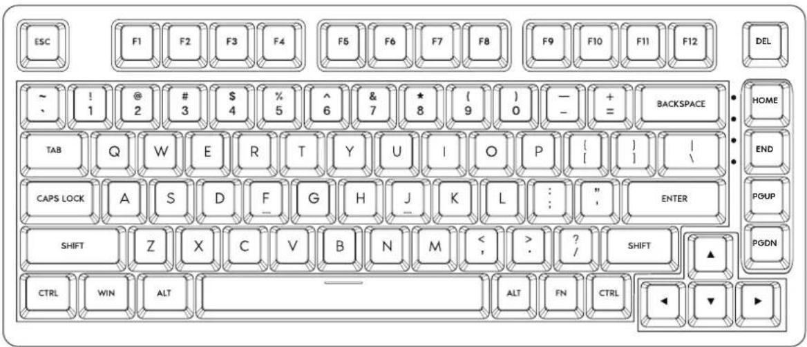 ESC F1 F2 F3 F4 F5 F6 F7 F8 F9 F10 F11 F12 DEL ~ ! 2 @ 3 $ 4 % 5 ^ 6 & 7 * 8 ( 9 ) 0 - - + = BACKSPACE HOME TAB Q W E R T Y U I O P { } / CAPS LOCK A S D F G H J K L : " , ENTER SHIFT Z X C V B N M < ; > ? / SHIFT ▲ CTRL WIN ALT ALT FN CTRL ◀ ▼ ►