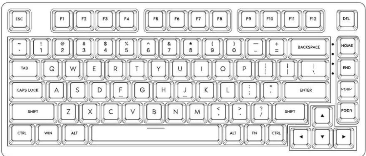 ESC F1 F2 F3 F4 F5 F6 F7 F8 F9 F10 F11 F12 DEL ~ ! @ # $ % ^ & * ( ) - + BACKSPACE HOME TAB Q W E R T Y U I O P { } / CAPS LOCK A S D F G H J K L : " ENTER SHIFT Z X C V B N M < . ? / SHIFT PGDN CTRL WIN ALT ALT FN CTRL < ▼ ►
