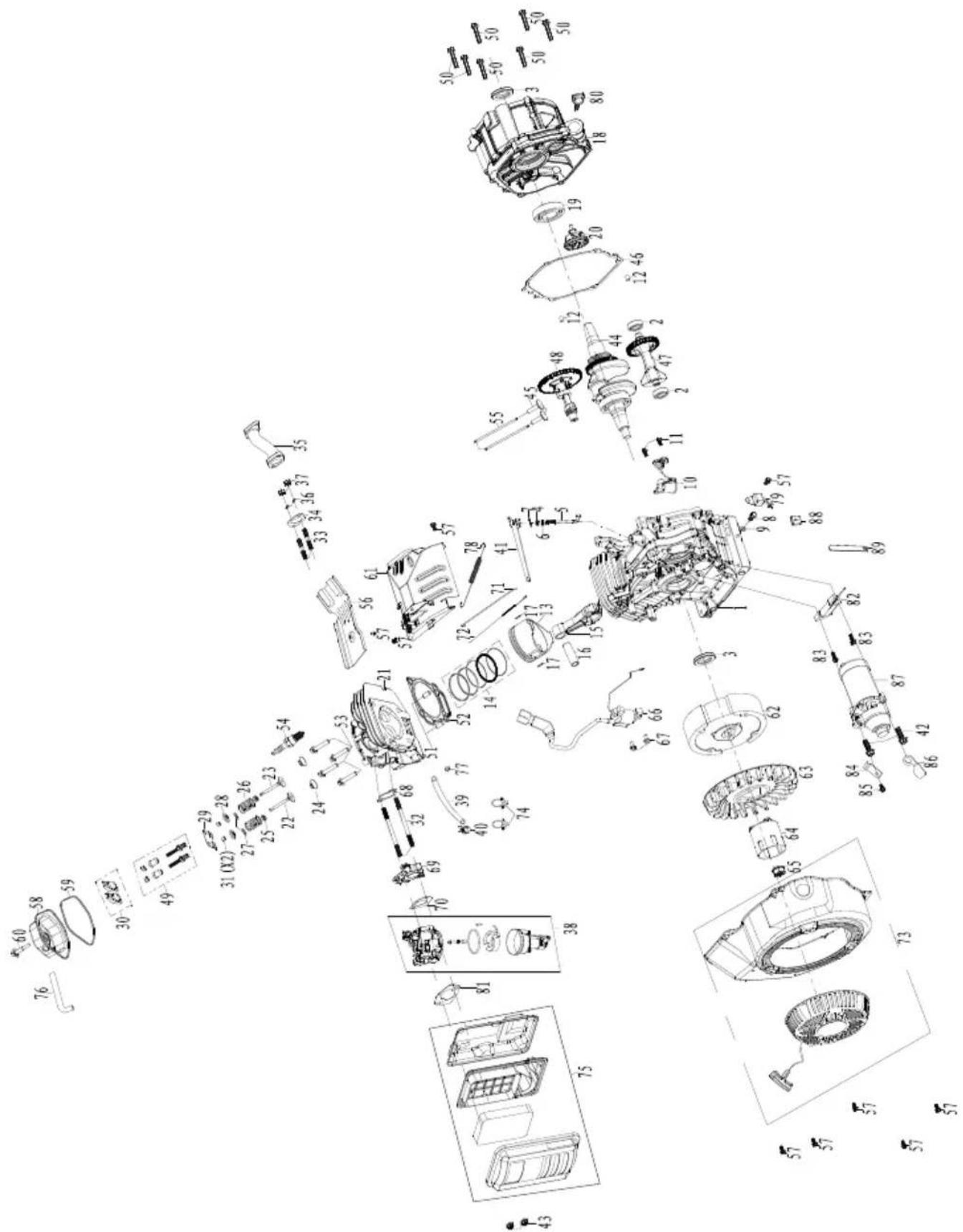 Exploded view diagram of a mechanical assembly with numbered components and exploded views