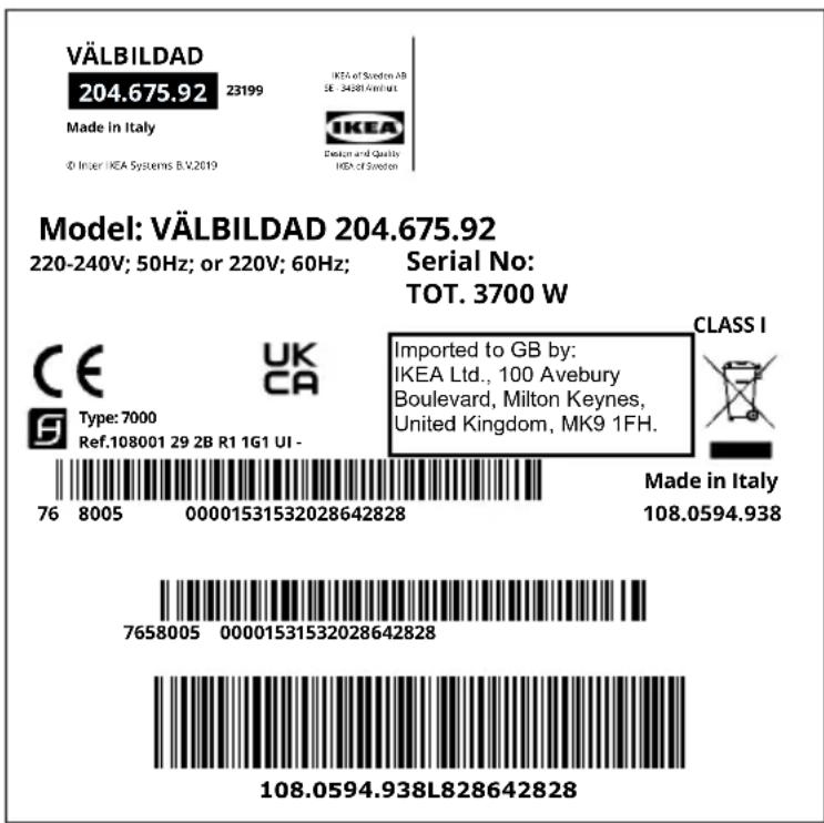 IKEA VÄLBILDAD 204.675.92 - Typenschild - 1