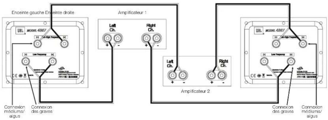 Enceinte gauche Enceinte droite U8L MOOR. 6387 H Low Frequency H Left Frequency H C E X Connexion médiums/aigus Connexion des graves Amplificateur 1 Left Ch. + - Right Ch. + - Amplificateur 2 Left Ch. + - Right Ch. + - U8L MOOR. 6387 H Low Frequency H H C E X Connexion des graves Connexion médiums/aigus
