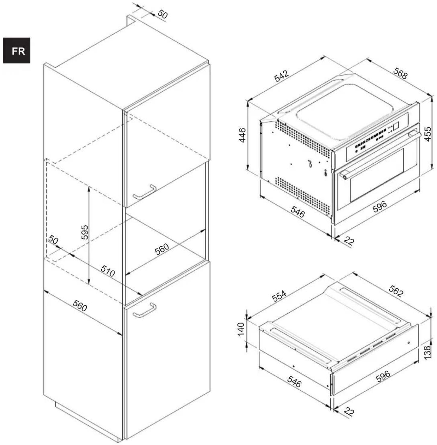 HAIER HWO15NWD6XB1 - SCHÉMA DIMENSIONNEL DU TIROIR ENCASTRÉ 560 X 595 AVEC UN FOUR PAR 450 - 1