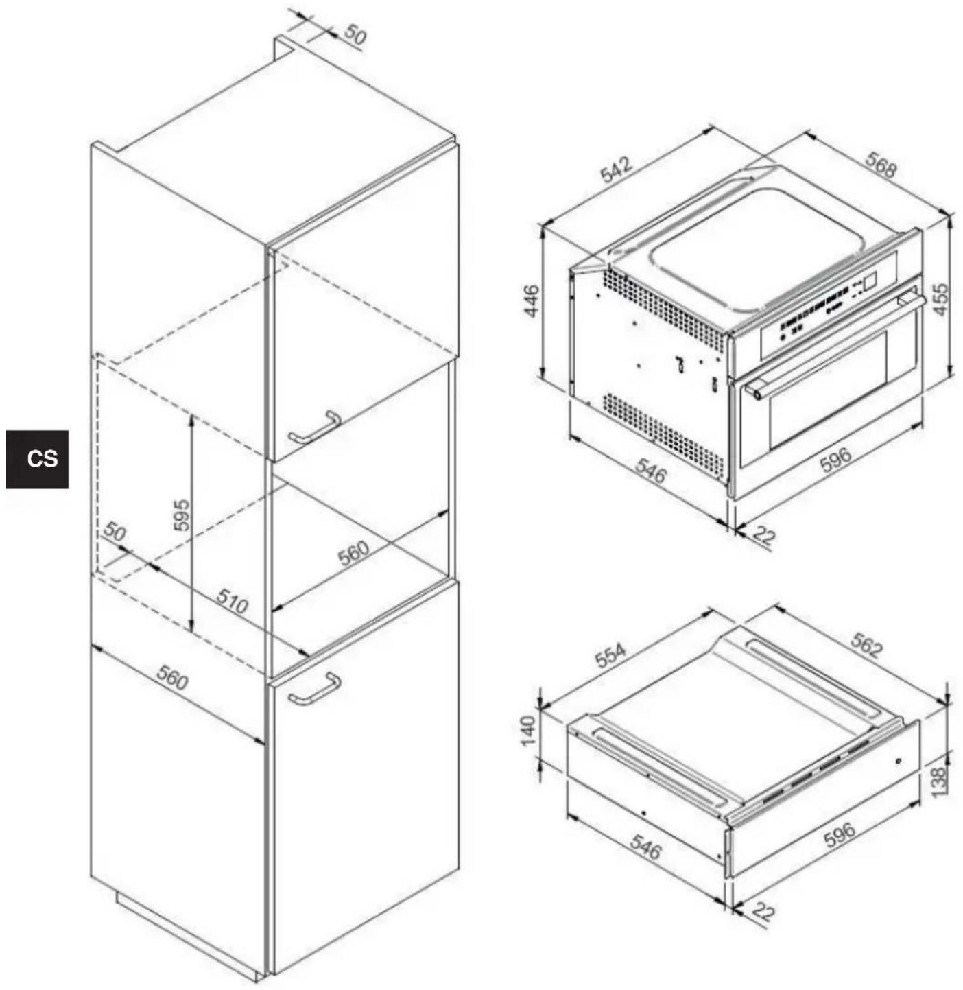 HAIER HWO15NWD6XB1 - ROZMĚROVÝ DIAGRAM OHŘÍVACÍ ZÁSUVKY 560 X 595 PRO TROUBY 450 - 1