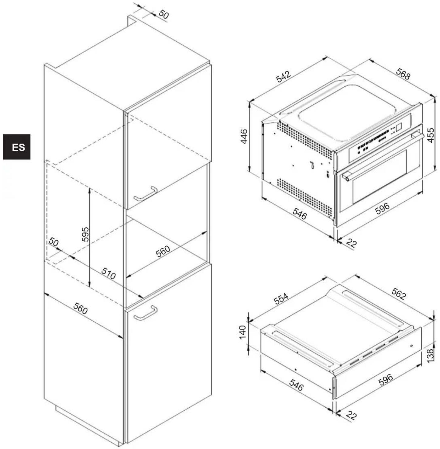 HAIER HWO15NWD6XB1 - ESQUEMA DIMENSIONAL CAJÓN DE EMPOTRAR 560 X 595 CON HORNO DE 450 - 1