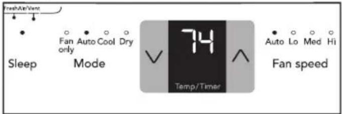 FreshAt/Vent Sleep Fan Auto Cool Dry only Mode 74 Temp/Timer Fan speed Auto Lo Med Hi