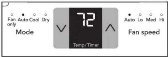 Fan Auto Cool Dry only Mode 72 Temp/Timer Auto Lo Med Hi Fan speed