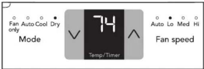 Fan Auto Cool Dry only Mode 74 Temp/Timer Fan speed Auto Lo Med Hi ^