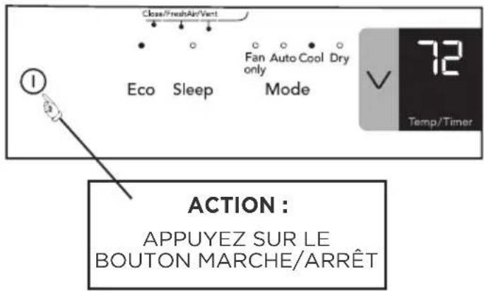 Close/FreshAir/Vert Eco Sleep Fan Auto Cool Dry only only Mode 72 Temp/Timer ACTION : APPUYEZ SUR LE BOUTON MARCHE/ARRÊT