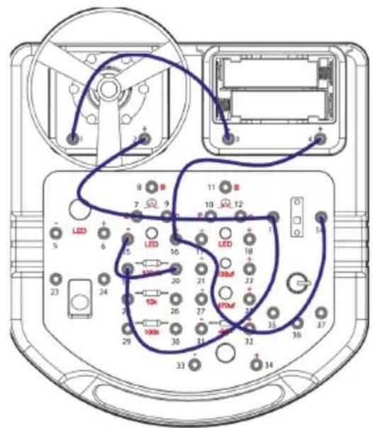 Diagram of an electronic device rear panel with labeled components and wiring connections