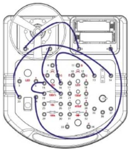 Diagram of an electronic device rear panel with labeled components and wiring connections