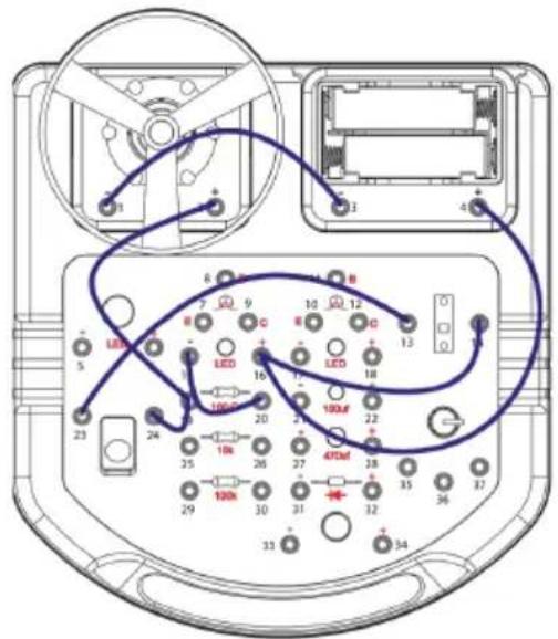 Diagram of an electronic device rear panel with labeled components and connected wires, showing LED, 100Ω, 40Ω, and 10Ω connections.