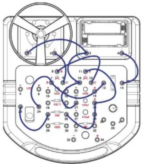 Diagram of an electronic device rear panel with labeled components and wiring connections