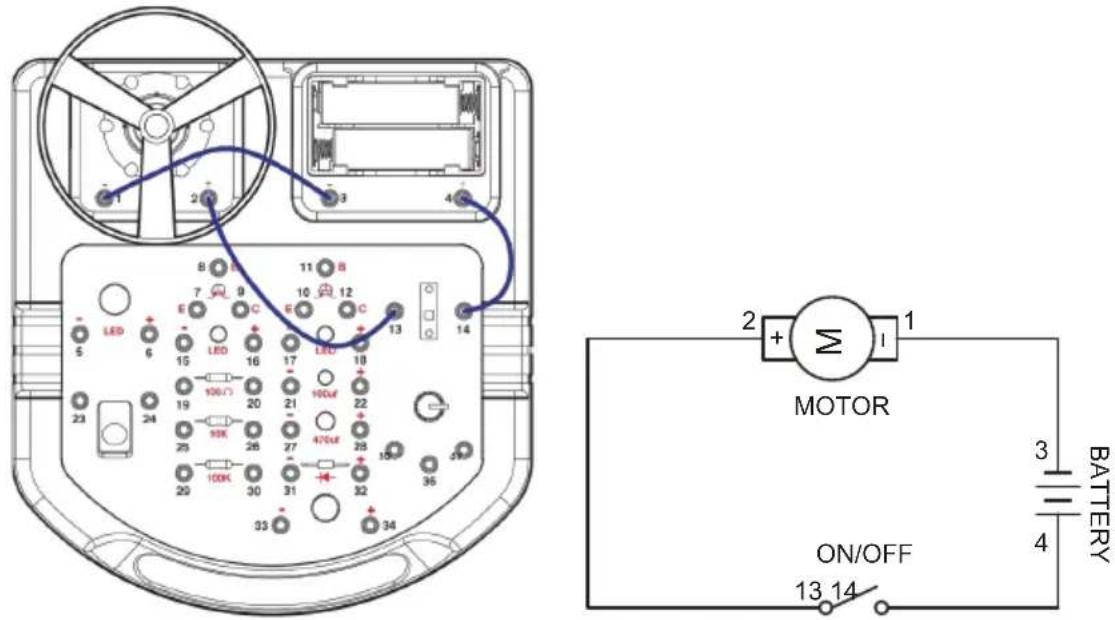 Diagram of an electronic device rear panel connected to a motor and battery, showing labeled components and wiring connections.