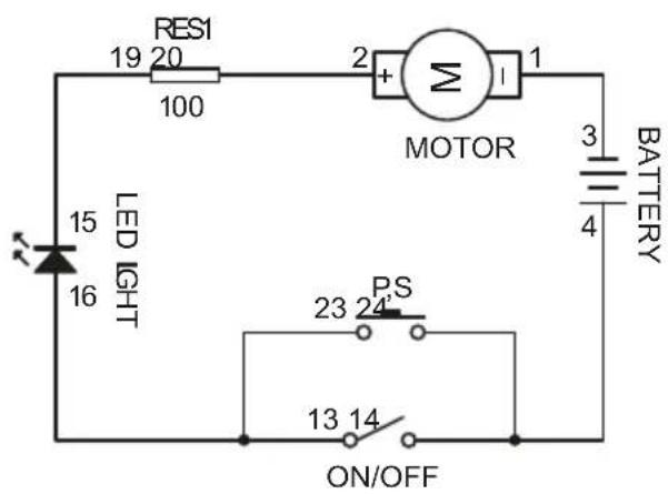 RESI 19 20 100 LED LIGHT 15 16 2 + Σ I 1 MOTOR 3 4 BATTERY PS 23 24 13 14 ON/OFF