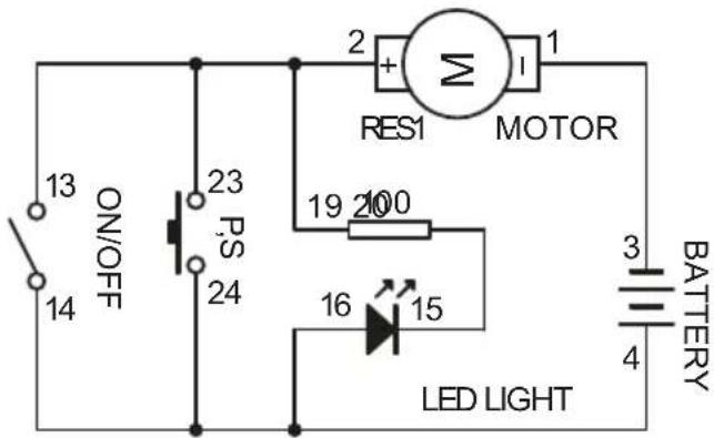 ON/OFF 13 14 23 PS 24 2 RES1 MOTOR 19 200 16 15 LED LIGHT 3 BATTERY 4