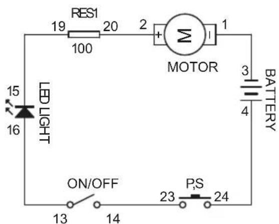 RES1 19 20 2 + Σ 1 100 MOTOR LED LIGHT 15 16 3 BATTERY 4 ON/OFF P,S 23 24 13 14