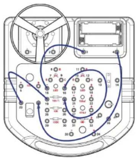 Diagram of an electronic device rear panel with labeled components and wiring connections