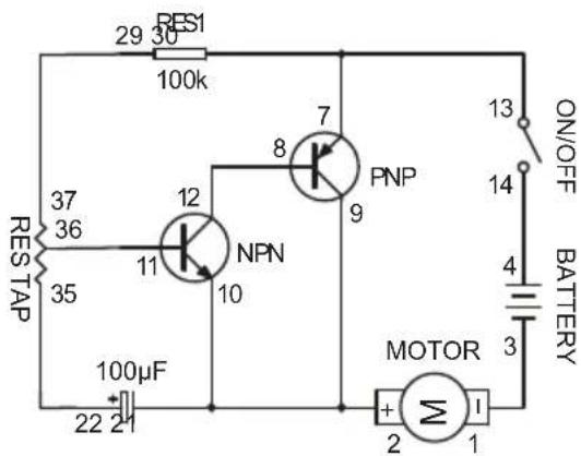 RES1 29 30 100k RES TAP 37 36 35 12 NPN 8 7 9 PNP 10 13 ON/OFF 14 BATTERY 4 3 MOTOR + - 2 2 1 100μF