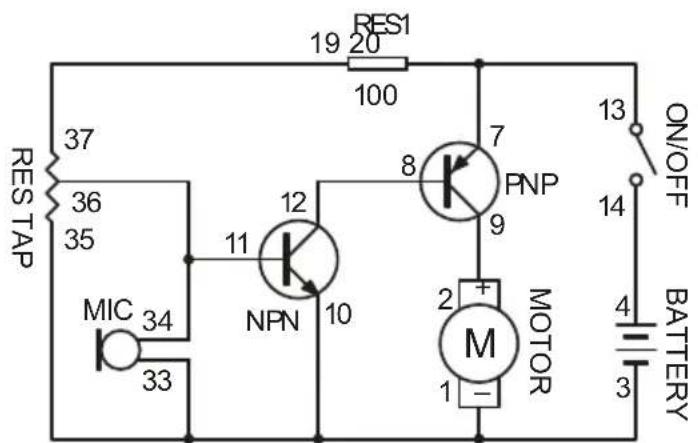 RES1 19 20 100 37 RES TAP 36 35 MIC 34 33 NPN 11 12 8 7 PNP 9 2 + M 1 - MOTOR ON/OFF 13 14 4 BATTERY 3