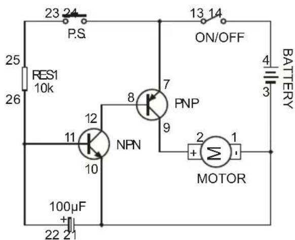 23 24 P.S. RES1 10k 25 26 11 10 100µF + 22 21 8 7 9 PNP ON/OFF 13 14 4 3 BATTERY NPN 2 MOTOR + 1 -