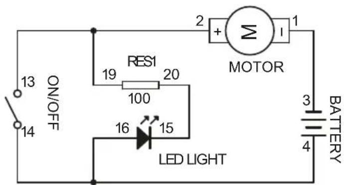ON/OFF 13 14 RES1 19 20 100 16 15 LED LIGHT 2 + Σ I MOTOR 3 BATTERY 4