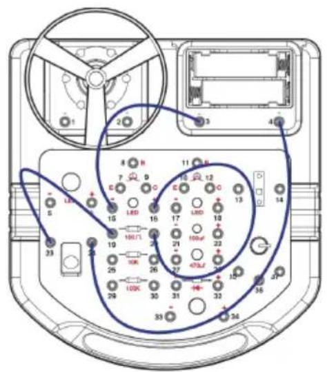 Technical diagram of an electronic device rear panel with labeled components and wiring connections