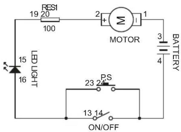 RESI 19 20 100 2 + MOTOR 1 3 4 BATTERY LED LIGHT 15 16 PS 23 24 ON/OFF