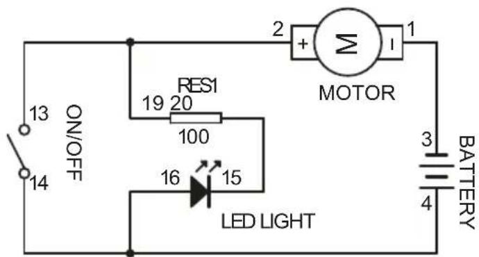 ON/OFF 13 14 RES1 19 20 100 16 15 LED LIGHT 2 + MOTOR 1 BATTERY 3 4