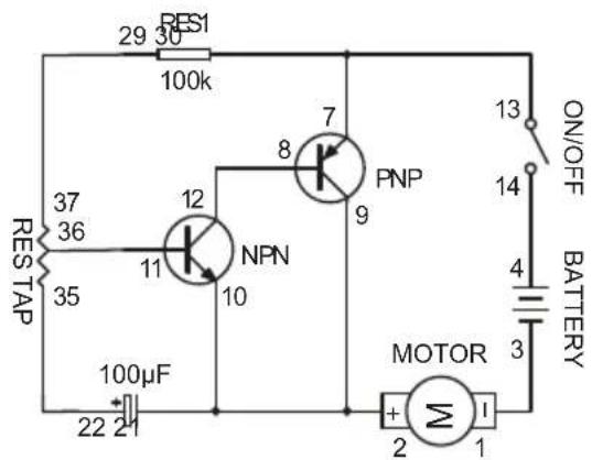 RES1 29 30 100k RES TAP 37 36 35 12 NPN 11 10 8 7 PNP 9 13 ON/OFF 14 BATTERY 4 3 MOTOR + - 2 1 100μF 22 21