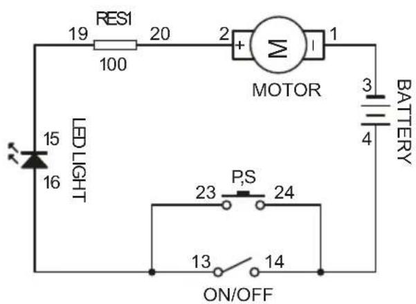 RES1 19 20 2 + 100 MOTOR 3 BATTERY LED LIGHT 15 16 23 PS 24 13 ON/OFF 14