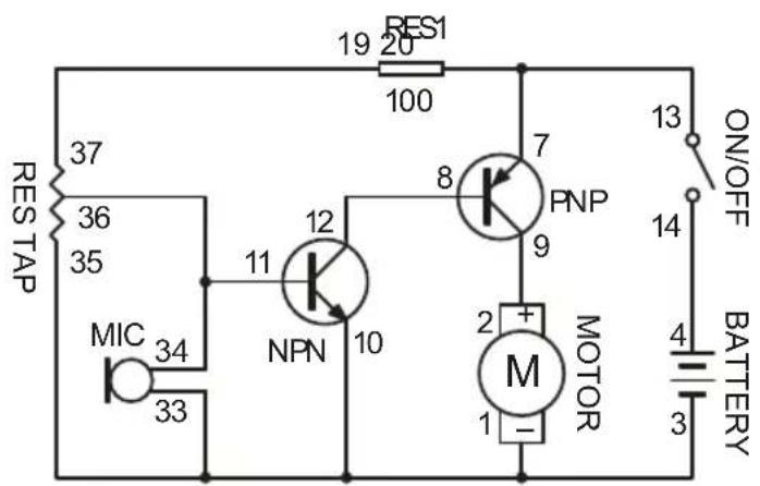RES1 19 20 100 37 36 35 RES TAP MIC 34 33 11 NPN 12 10 8 7 PNP 9 2 + M 1 - MOTOR ON/OFF 13 14 3 4 BATTERY