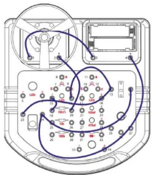 Diagram of an electronic device rear panel with labeled components and wiring connections