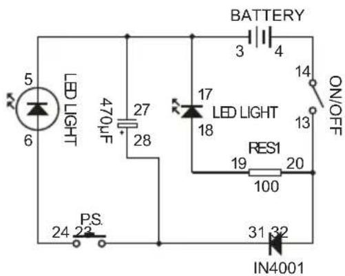 5 6 LED LIGHT 470uF 27 28 PS. 24 22 BATTERY 3 4 17 LED LIGHT 18 RES1 19 20 100 ON/OFF 31 32 IN4001
