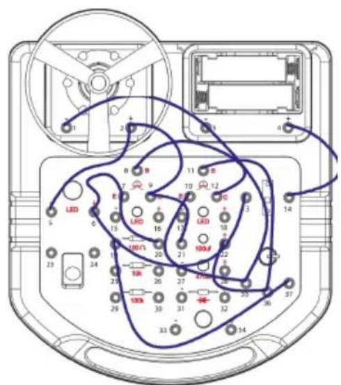 Diagram of an electronic device with labeled components and wiring connections, including LEDs, resistors, and a 100A connector.