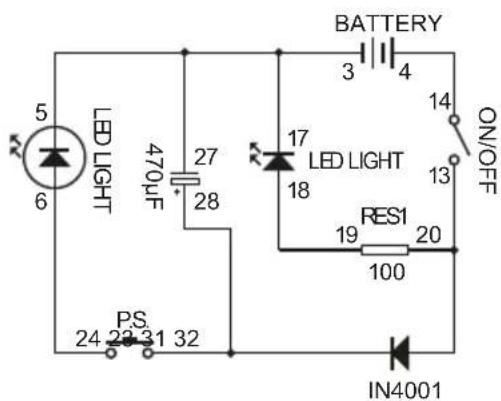 5 6 LED LIGHT 470uF 27 28 PS 24 23 31 32 BATTERY 3 4 17 LED LIGHT 18 RES1 19 20 100 ON/OFF IN4001