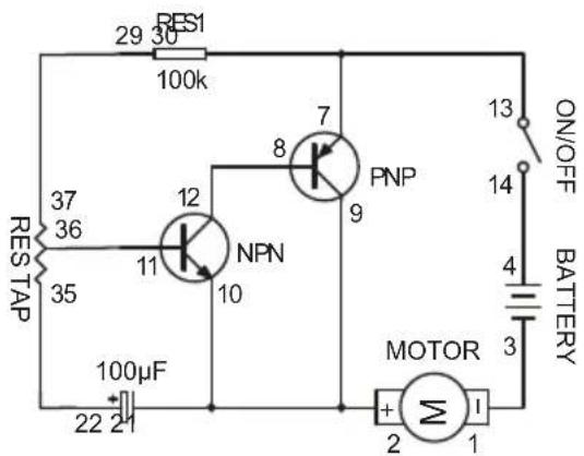 RES1 29 30 100k RES TAP 37 36 35 12 NPN 8 7 9 PNP 10 13 ON/OFF 14 BATTERY 4 3 MOTOR + - 2 1 100μF 22 2